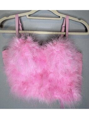 Women’s Small Pink Fur Push Up Crop Top Barbie Festival Rave Fur Dollette